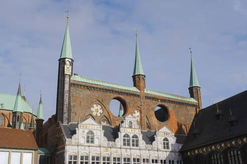 Germany, Schleswig-Holstein, Lubeck, Spires of historic town hall - WIF04685