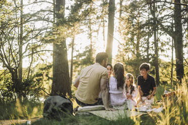 Glückliche Familie verbringt ihre Freizeit bei einem Picknick im Wald - MASF34406