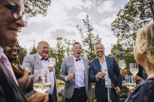 Happy gay couple with friends holding wineglasses enjoying at wedding - MASF34425