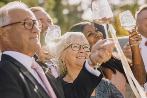 Lächelnde Freunde und Familie stoßen mit Weingläsern an und feiern die Hochzeit an einem sonnigen Tag - MASF34461