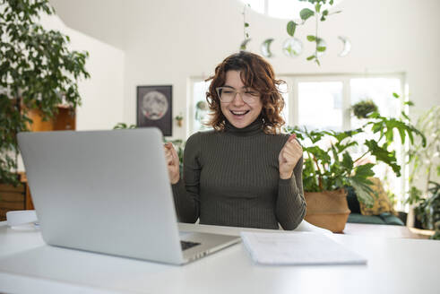 Excited freelancer sitting in front of laptop at home - VRAF00028