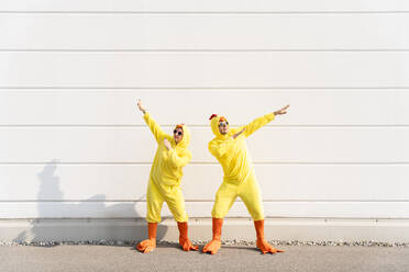 Playful man and woman wearing chicken costumes gesturing and having fun in front of wall - OIPF02868