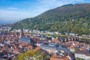 Deutschland, Baden-Württemberg, Heidelberg, Blick auf den Uferrand der Altstadt mit bewaldetem Hügel im Hintergrund - MHF00701