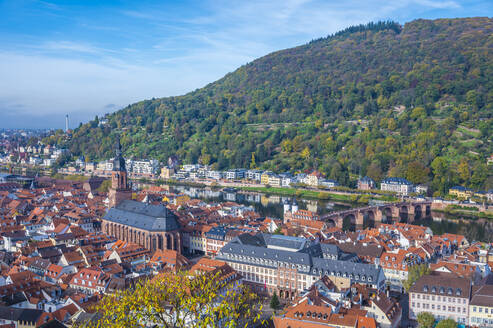Germany, Baden-Wurttemberg, Heidelberg, View of riverside edge of old town with forested hill in background - MHF00701