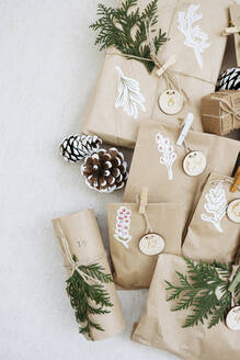 Decorated brown paper bags kept with pine cones on carpet - SSYF00033