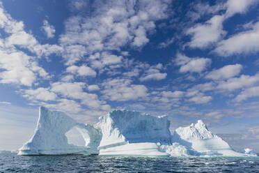 Riesige Eisberge aus dem Ilulissat-Eisfjord, gestrandet auf einer ehemaligen Endmoräne in Ilulissat, Grönland, Dänemark, Polarregionen - RHPLF23445
