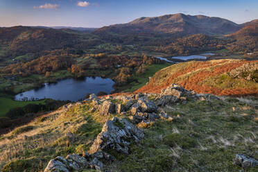 Loughrigg Tarn, Elter Water und Wetherlam von Loughrigg Fell im Herbst, Lake District National Park, UNESCO-Weltkulturerbe, Cumbria, England, Vereinigtes Königreich, Europa - RHPLF23515