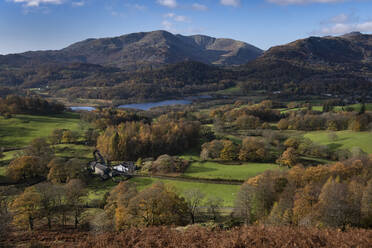 Elter Water, Wetherlam and Tilberthwaite Fells from Loughrigg Fell in autumn, Lake District National Park, UNESCO World Heritage Site, Cumbria, England, United Kingdom, Europe - RHPLF23518