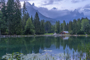 Lake Welsperg at sunset, Canali Valley, Dolomites, Trentino, Italy, Europe - RHPLF23604