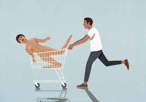 Mann rennt, schiebt aufblasbare Sexpuppe in Einkaufswagen - FSIF06174