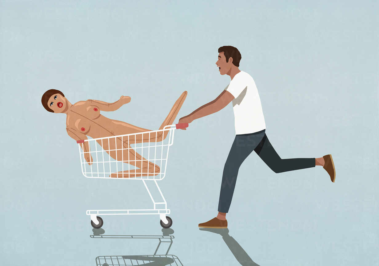 Man running pushing inflatable sex doll in shopping cart stock photo 