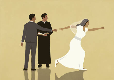 Priester und Bräutigam beobachten, wie die Braut wegläuft - FSIF06212