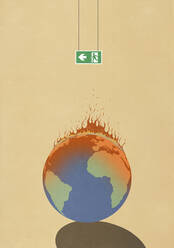 Ausstiegsschild über der brennenden Weltkugel, globale Erwärmung - FSIF06233