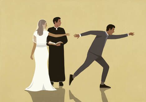 Priester und Braut beobachten Bräutigam beim Weglaufen - FSIF06241