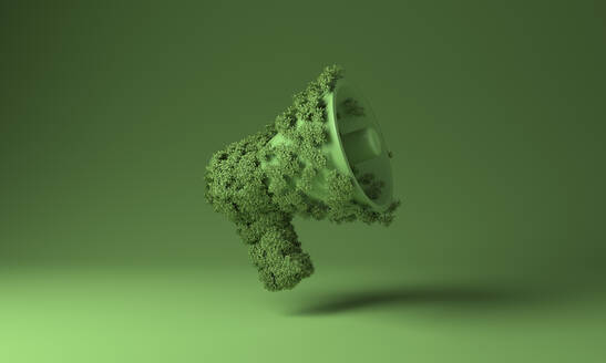 3D illustration of megaphone covered with plants against green background - MSMF00007