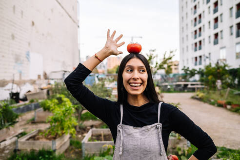 Happy woman with tomato on head standing in urban garden - GDBF00036