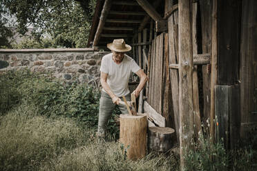 Man chopping firewood with axe - MJRF00864
