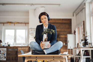 Junge Geschäftsfrau mit Topfpflanze auf dem Schreibtisch sitzend - JOSEF16009