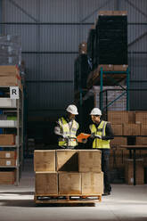 Logistics employees reading a clipboard while standing with a packed pallet truck in a warehouse. Two happy young men taking packages for shipment in a large distribution centre. - JLPSF29008