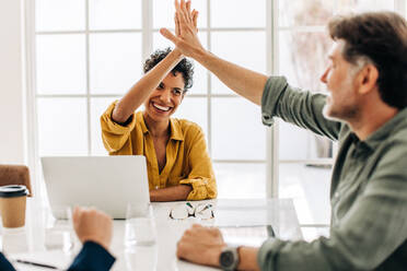 Business colleagues celebrating success in a boardroom. Two happy business people doing a high five during a meeting in an office. Teamwork and goal achievement. - JLPSF29060