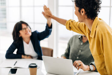 Weibliche Kollegen, die in einem Büro ihren Erfolg feiern. Geschäftsfrauen, die sich während einer Sitzung in einem Sitzungssaal ein High Five geben. Teamarbeit und Zielerreichung. - JLPSF29062