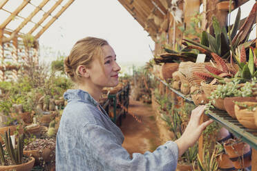 Teenage girl (16-17) looking at plants in greenhouse - TETF01930