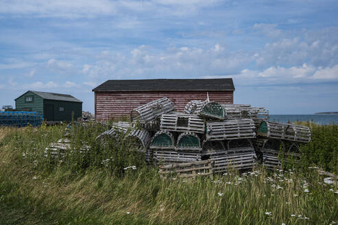 Kanada, Labrador, Neufundland, Alte Hummerfallen an einem Schuppen im Gros Morne National Park - TETF01941