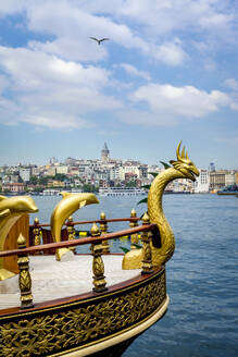 Türkei, Istanbul, Goldene Schlange und Delfine am Bug eines Schiffes auf dem Bosporus - TETF01969