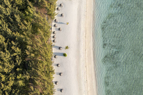 Luftaufnahme eines Strandes mit Sonnenschirmen, Ile aux Cerfs, Mauritius. - AAEF17230