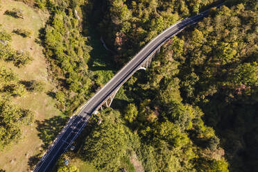 Luftaufnahme einer Straße durch den Wald mit Brücke auf dem Berg Terminio, Avellino, Irpinia, Kampanien, Italien. - AAEF17329