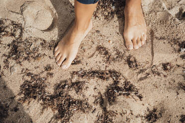 Woman standing barefoot on sand at beach - JOSEF16178