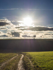 Germany, Bavaria, Sun setting over tire tracks stretching along rural dirt road - HUSF00334