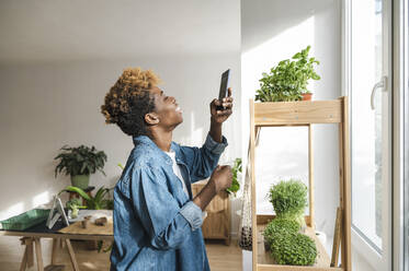 Lächelnde Frau, die mit ihrem Smartphone Pflanzen auf einem Regal zu Hause fotografiert - ALKF00028