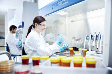 Female scientist testing in a microbiological lab - CVF02256