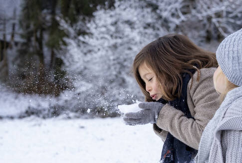Nettes Mädchen, das Schnee auf die Hand seiner Schwester bläst - LBF03708