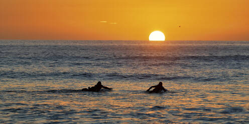 Silhouette Männer beim Surfen im Meer bei Sonnenuntergang, Pembrokeshire, Wales - ALRF01943