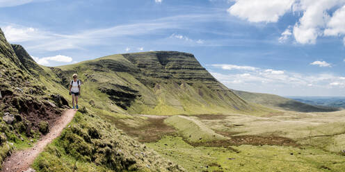 Frau wandert auf einem Pfad bei Fan Brycheiniog an einem sonnigen Tag, Brecon Beacons, Wales - ALRF01953