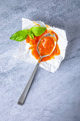 Homemade tomato sauce with spoon and mint leaves kept on tissue paper - FLMF00905