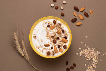 From above yoghurt served with oats and dried nuts on brown background - ADSF43056