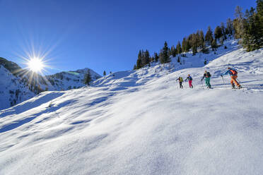 Österreich, Tirol, Gruppe von Skifahrern, die in einer Reihe über den Großen Galtenberg fahren - ANSF00220