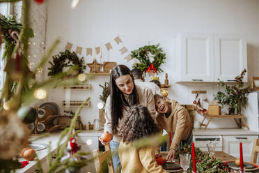 Eine glückliche Familie, die sich in der Weihnachtszeit in der Küche vergnügt und Zeit miteinander verbringt - MDOF00581