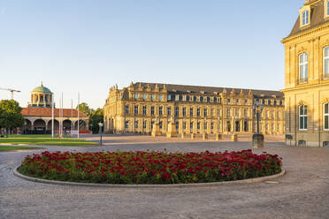 Rote Blumen am Neuen Schloss unter Himmel, Stuttgart, Deutschland - TAMF03903