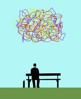 Illustration eines Geschäftsmannes, der unter verschlungenen Linien sitzt, die Verwirrung und Angst darstellen - GWAF00001