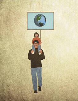 Illustration eines Vaters, der seine Tochter huckepack nimmt und ein Schild mit der Darstellung des Planeten Erde hält - GWAF00009
