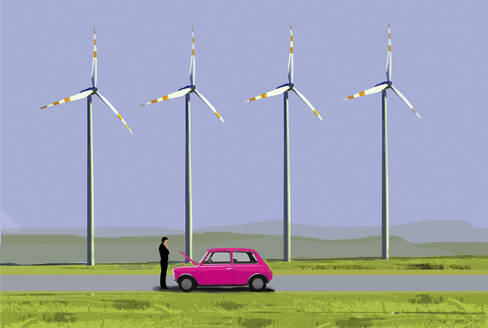 Illustration eines Mannes, der sich um eine Fahrzeugpanne vor den Turbinen eines Windparks kümmert - GWAF00012