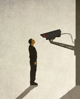 Illustration eines Mannes, der vor einer Überwachungskamera steht - GWAF00013