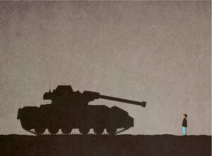 Illustration eines Jungen, der vor einem Panzer steht - GWAF00014