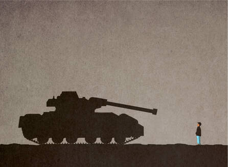 Illustration of boy standing in front of tank - GWAF00014