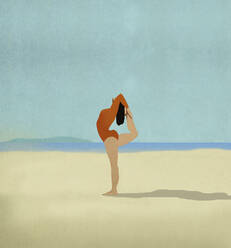 Illustration einer jungen Frau, die am Sandstrand Yoga übt - GWAF00018