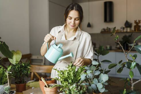 Smiling woman watering fresh plants and flowers at home - VBUF00227